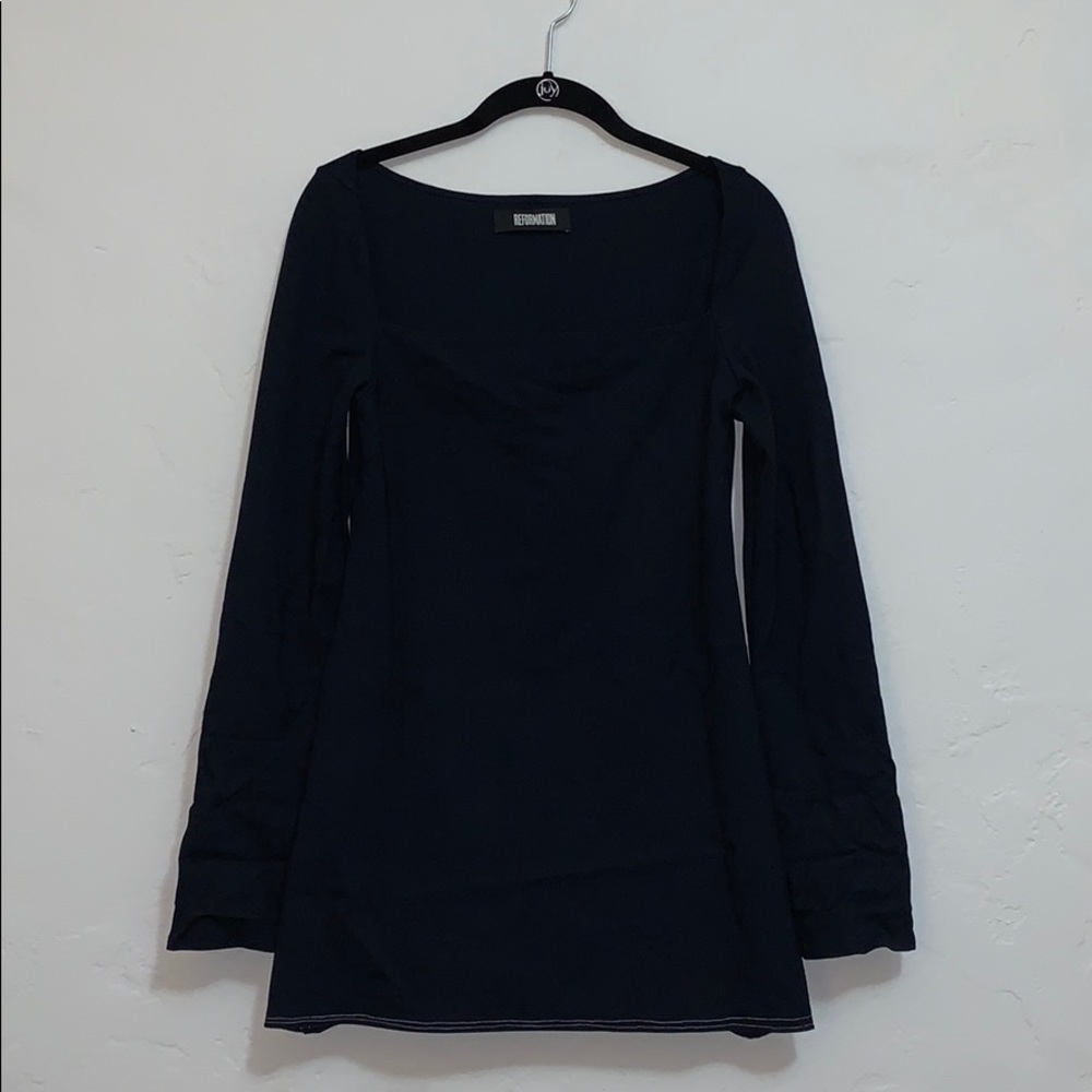Black Square Neck Long Sleeve Reformation Dress